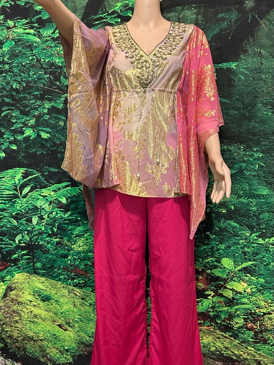 Tops - Embellished Pink and Gold V-Neck Tunic Top